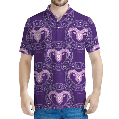 Purple Aries Zodiac Pattern Print Men's Polo Shirt