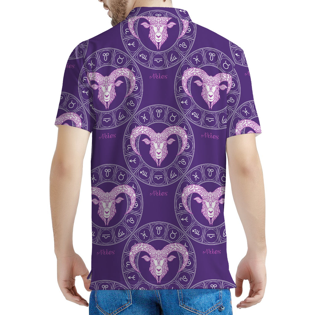 Purple Aries Zodiac Pattern Print Men's Polo Shirt