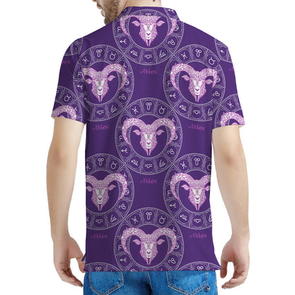 Purple Aries Zodiac Pattern Print Men's Polo Shirt