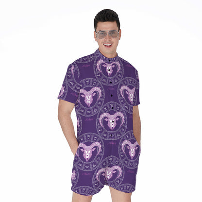 Purple Aries Zodiac Pattern Print Men's Rompers
