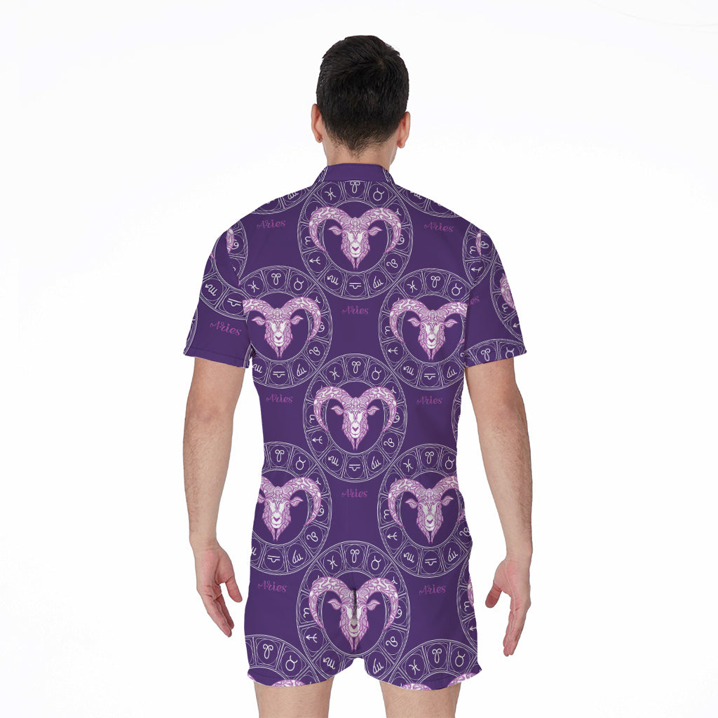 Purple Aries Zodiac Pattern Print Men's Rompers