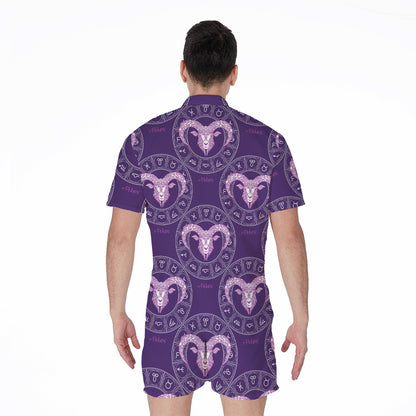 Purple Aries Zodiac Pattern Print Men's Rompers