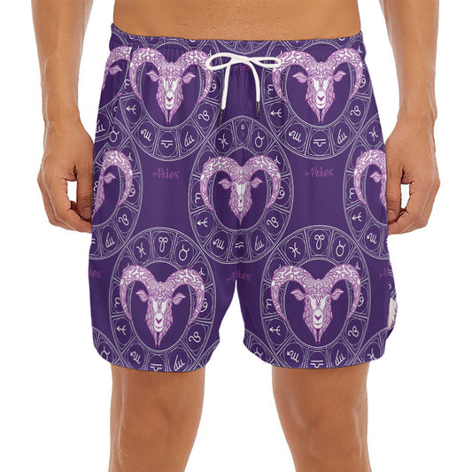 Purple Aries Zodiac Pattern Print Men's Split Running Shorts
