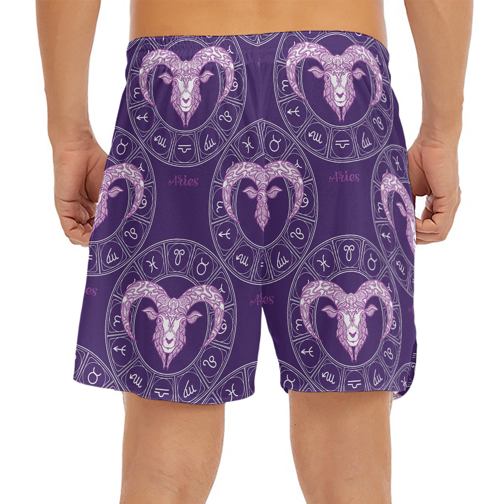 Purple Aries Zodiac Pattern Print Men's Split Running Shorts