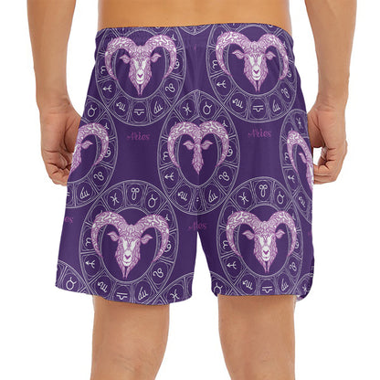 Purple Aries Zodiac Pattern Print Men's Split Running Shorts
