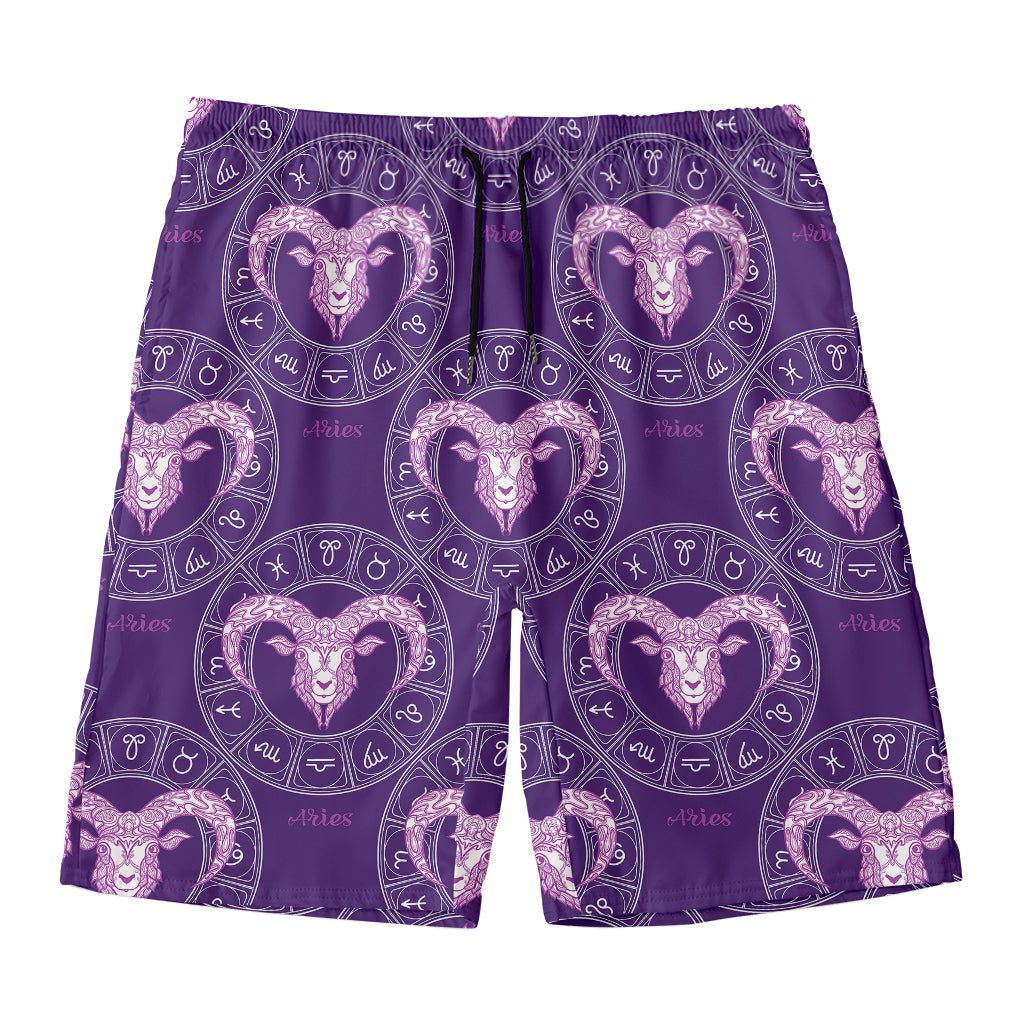 Purple Aries Zodiac Pattern Print Men's Swim Trunks