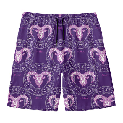 Purple Aries Zodiac Pattern Print Men's Swim Trunks