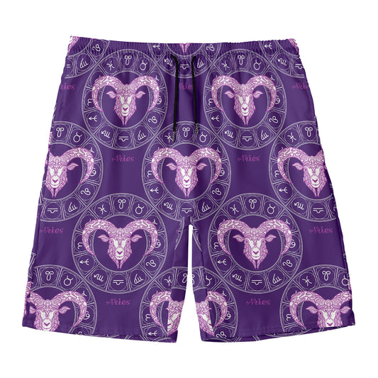 Purple Aries Zodiac Pattern Print Men's Swim Trunks