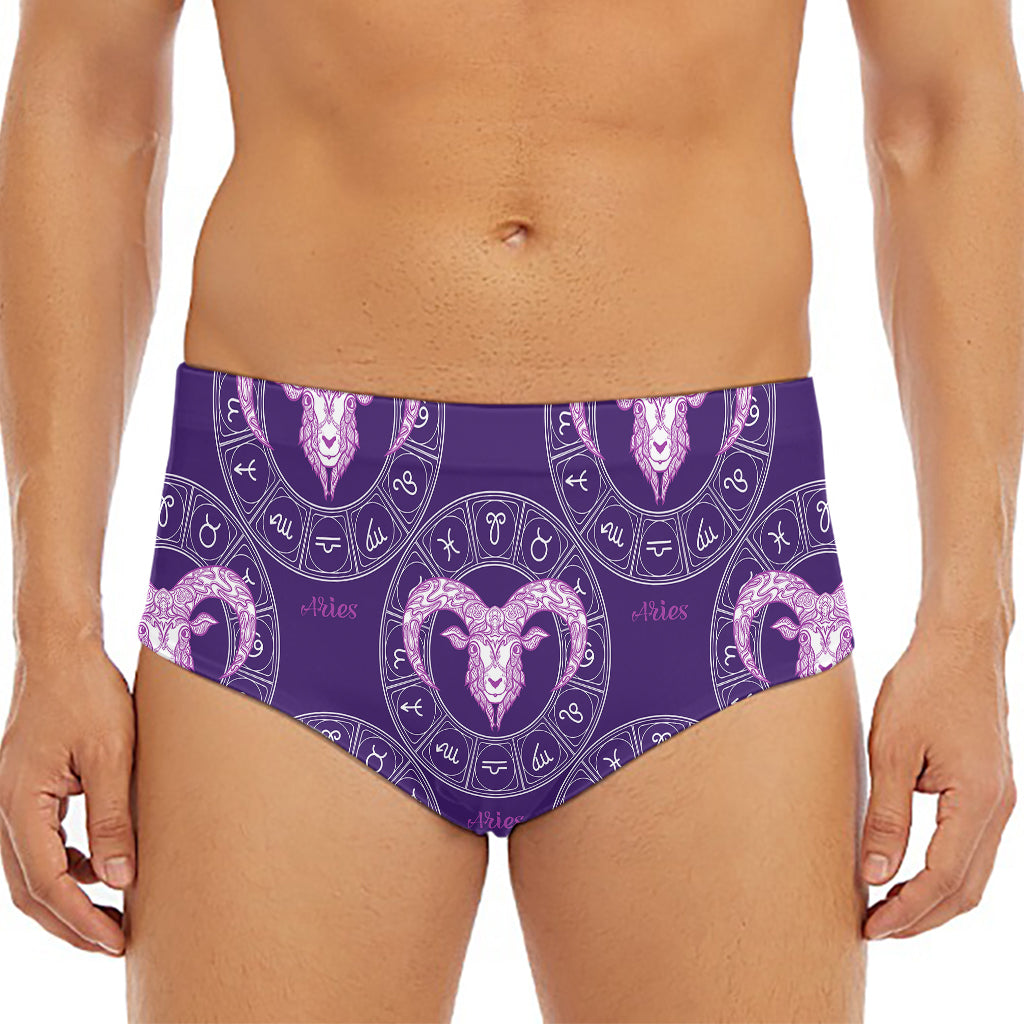 Purple Aries Zodiac Pattern Print Men's Triangle Swim Briefs