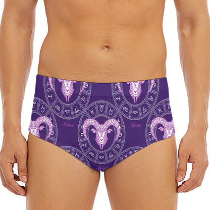 Purple Aries Zodiac Pattern Print Men's Triangle Swim Briefs