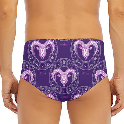 Purple Aries Zodiac Pattern Print Men's Triangle Swim Briefs