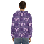 Purple Aries Zodiac Pattern Print Men's Velvet Pullover Hoodie