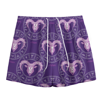 Purple Aries Zodiac Pattern Print Mesh Shorts