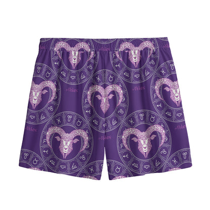 Purple Aries Zodiac Pattern Print Mesh Shorts