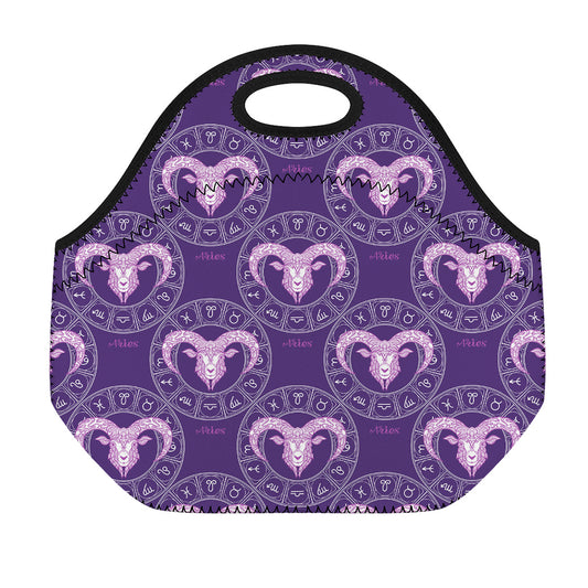 Purple Aries Zodiac Pattern Print Neoprene Lunch Bag