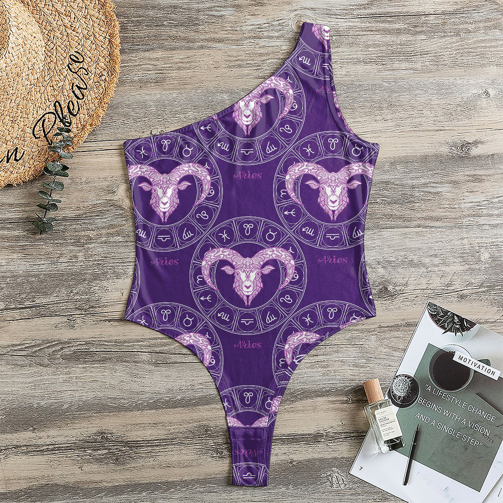 Purple Aries Zodiac Pattern Print One Shoulder Bodysuit