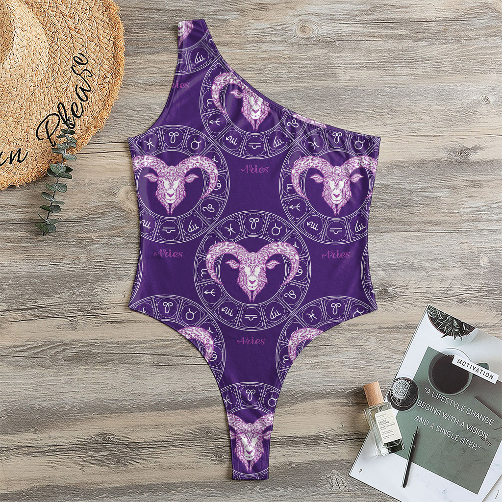 Purple Aries Zodiac Pattern Print One Shoulder Bodysuit