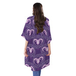 Purple Aries Zodiac Pattern Print Open Front Beach Cover Up