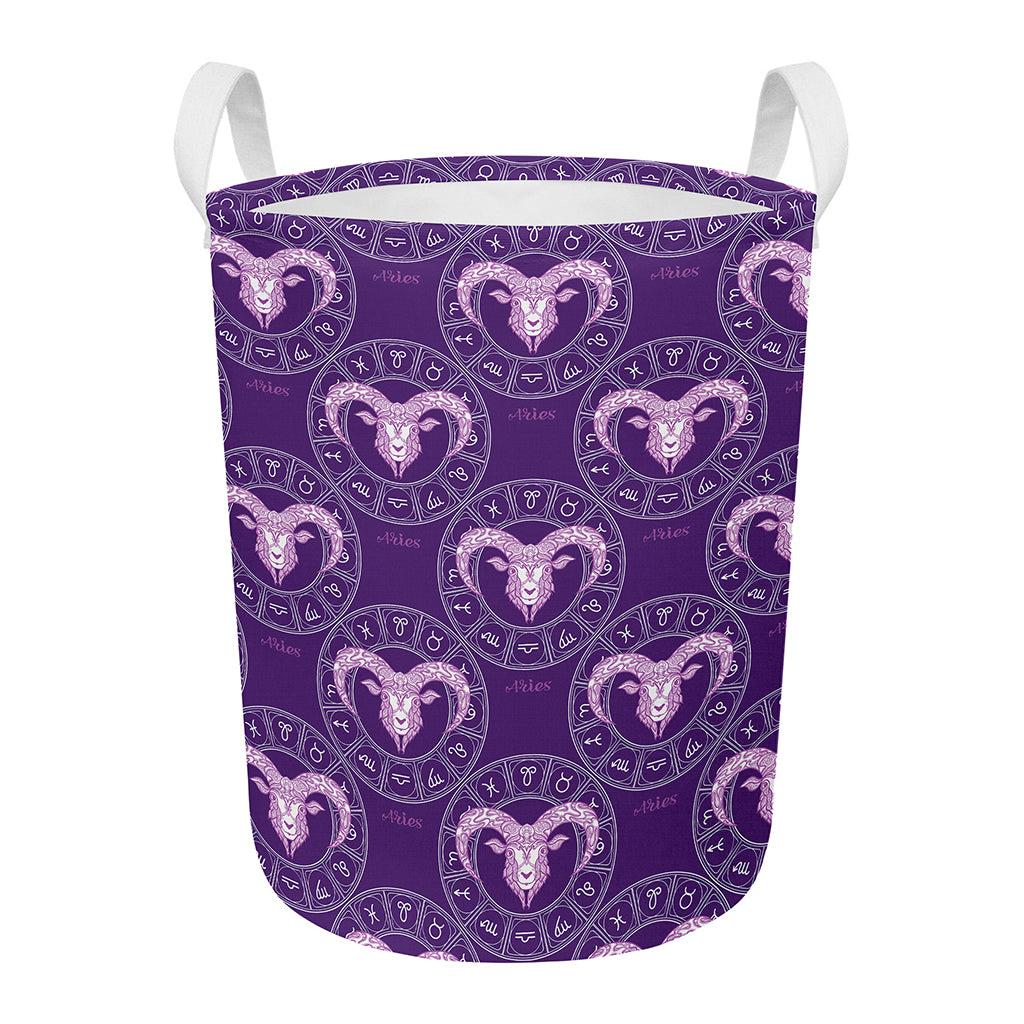 Purple Aries Zodiac Pattern Print Round Laundry Basket