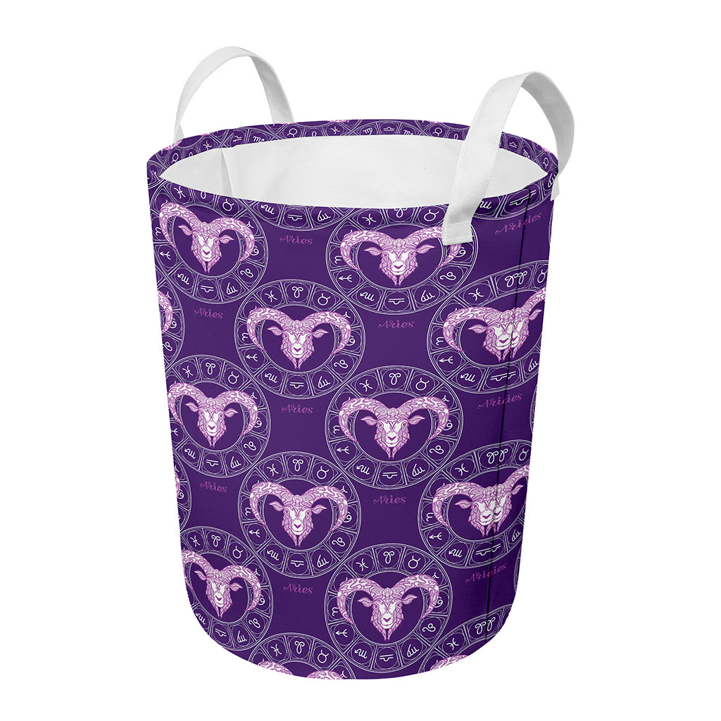 Purple Aries Zodiac Pattern Print Round Laundry Basket