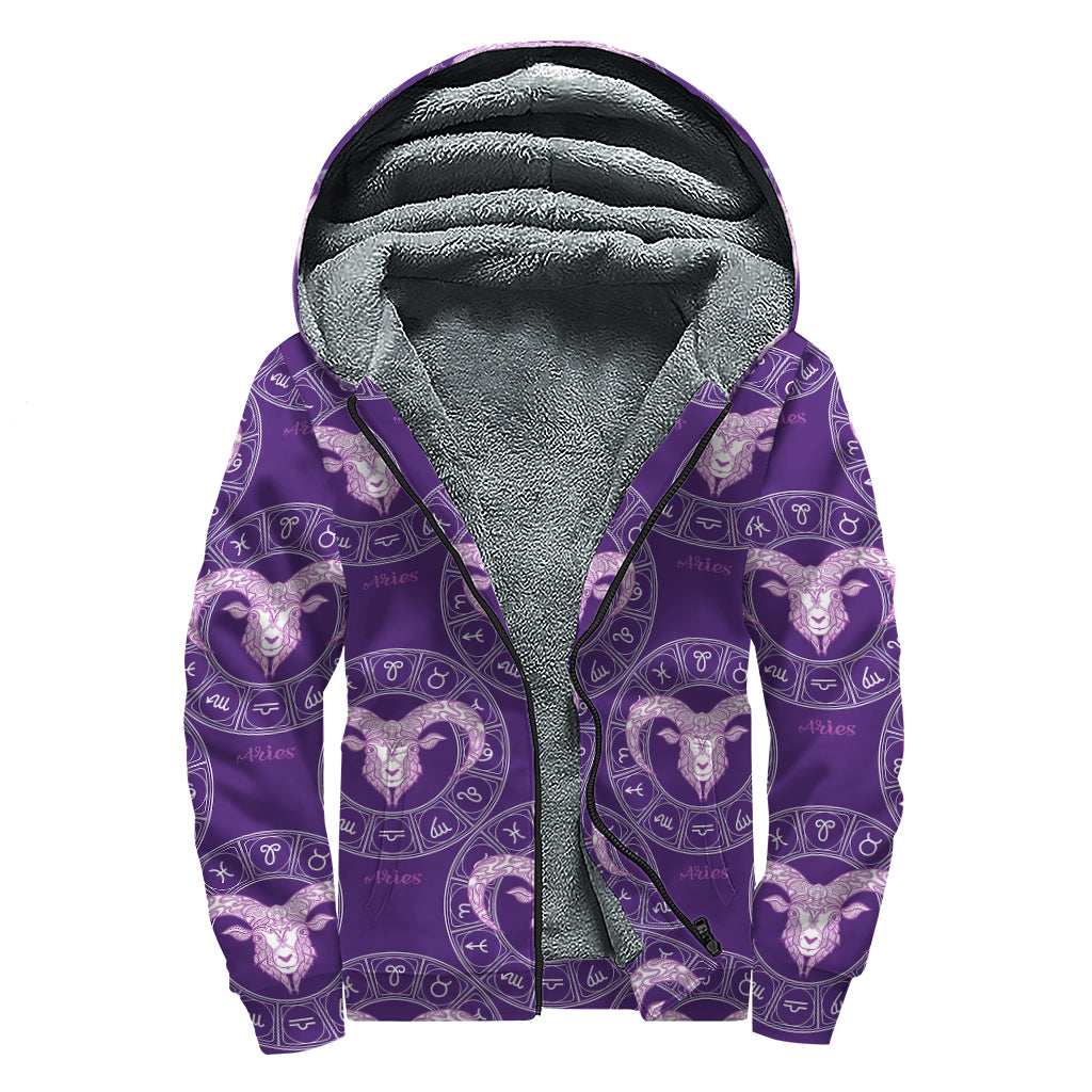 Purple Aries Zodiac Pattern Print Sherpa Lined Zip Up Hoodie