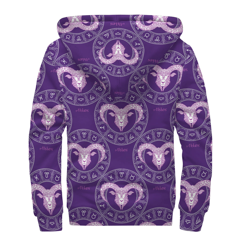 Purple Aries Zodiac Pattern Print Sherpa Lined Zip Up Hoodie