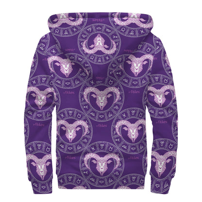 Purple Aries Zodiac Pattern Print Sherpa Lined Zip Up Hoodie