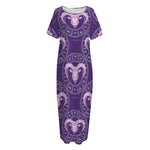 Purple Aries Zodiac Pattern Print Short Sleeve Long Nightdress