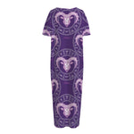 Purple Aries Zodiac Pattern Print Short Sleeve Long Nightdress