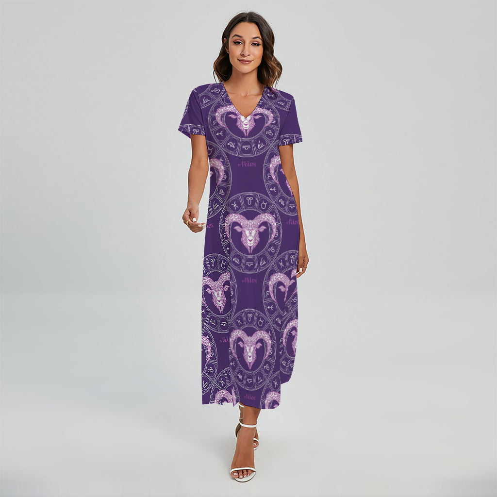 Purple Aries Zodiac Pattern Print Short Sleeve Maxi Dress