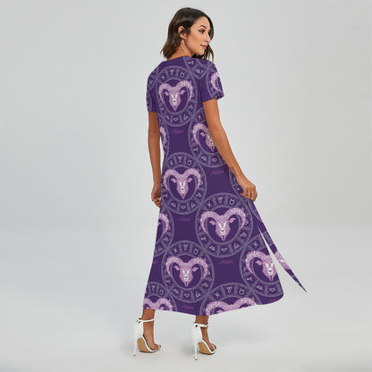 Purple Aries Zodiac Pattern Print Short Sleeve Maxi Dress