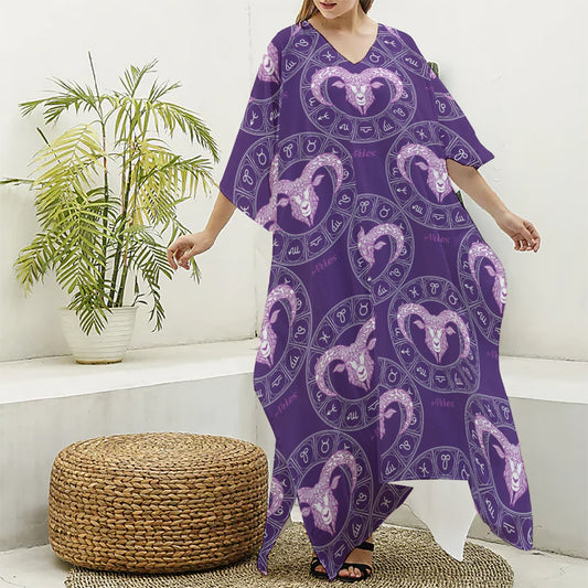Purple Aries Zodiac Pattern Print Silk V-Neck Kaftan Dress