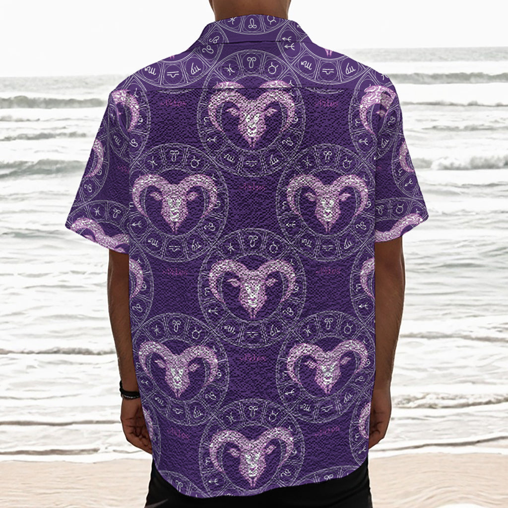 Purple Aries Zodiac Pattern Print Textured Short Sleeve Shirt