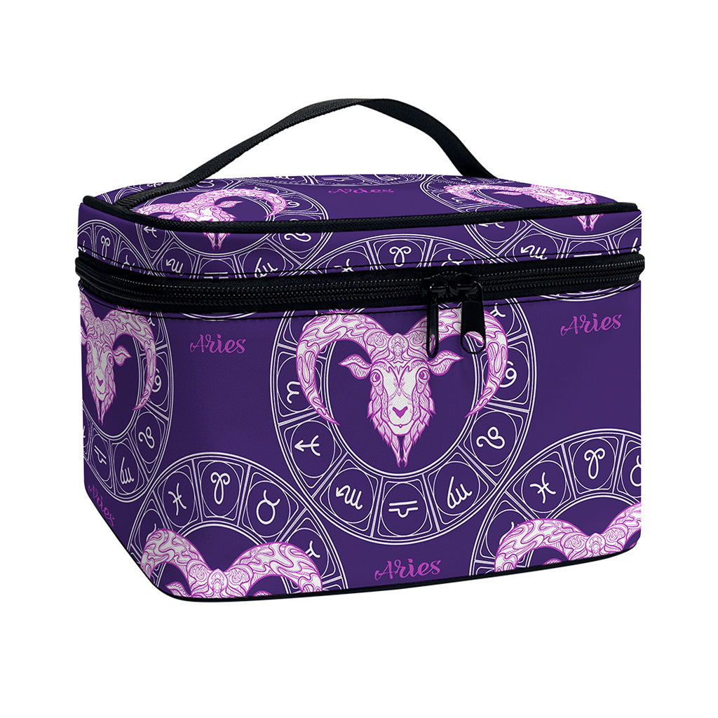Purple Aries Zodiac Pattern Print Travel Makeup Bag