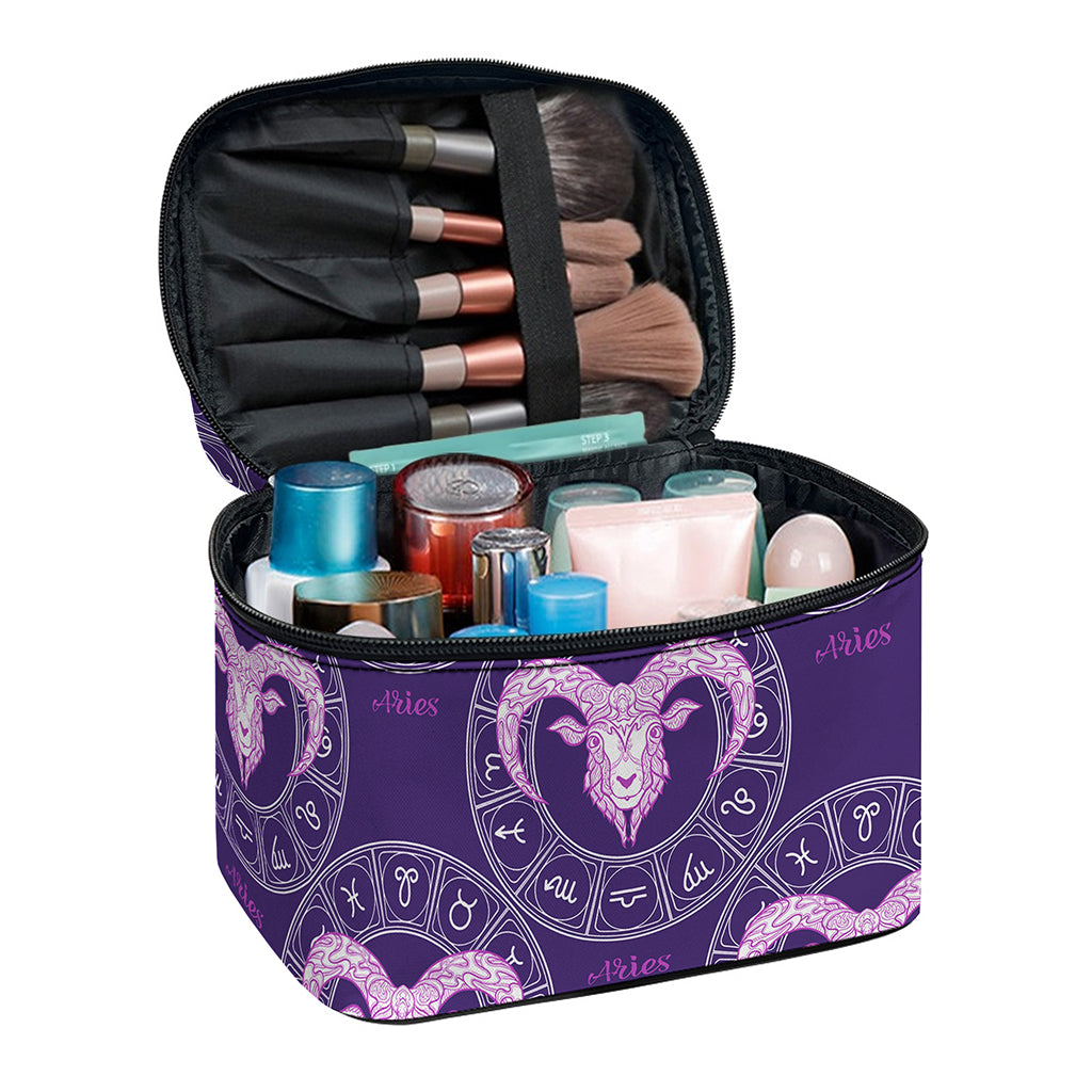 Purple Aries Zodiac Pattern Print Travel Makeup Bag