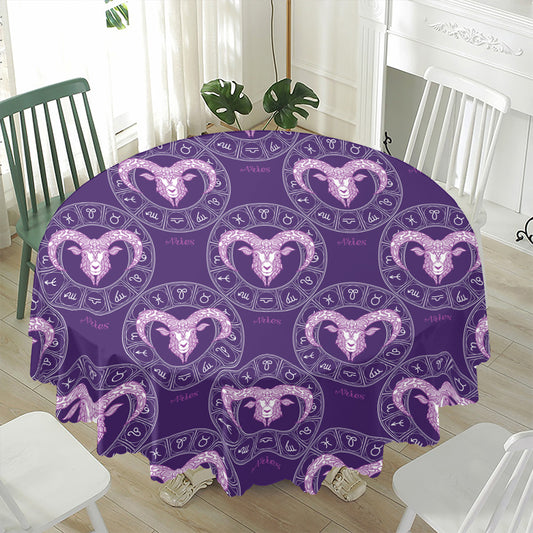 Purple Aries Zodiac Pattern Print Waterproof Round Tablecloth