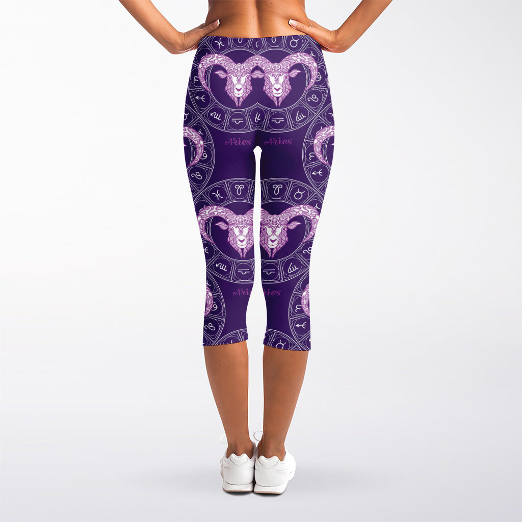 Purple Aries Zodiac Pattern Print Women's Capri Leggings