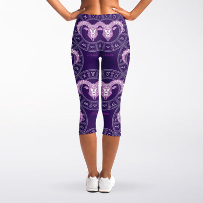 Purple Aries Zodiac Pattern Print Women's Capri Leggings
