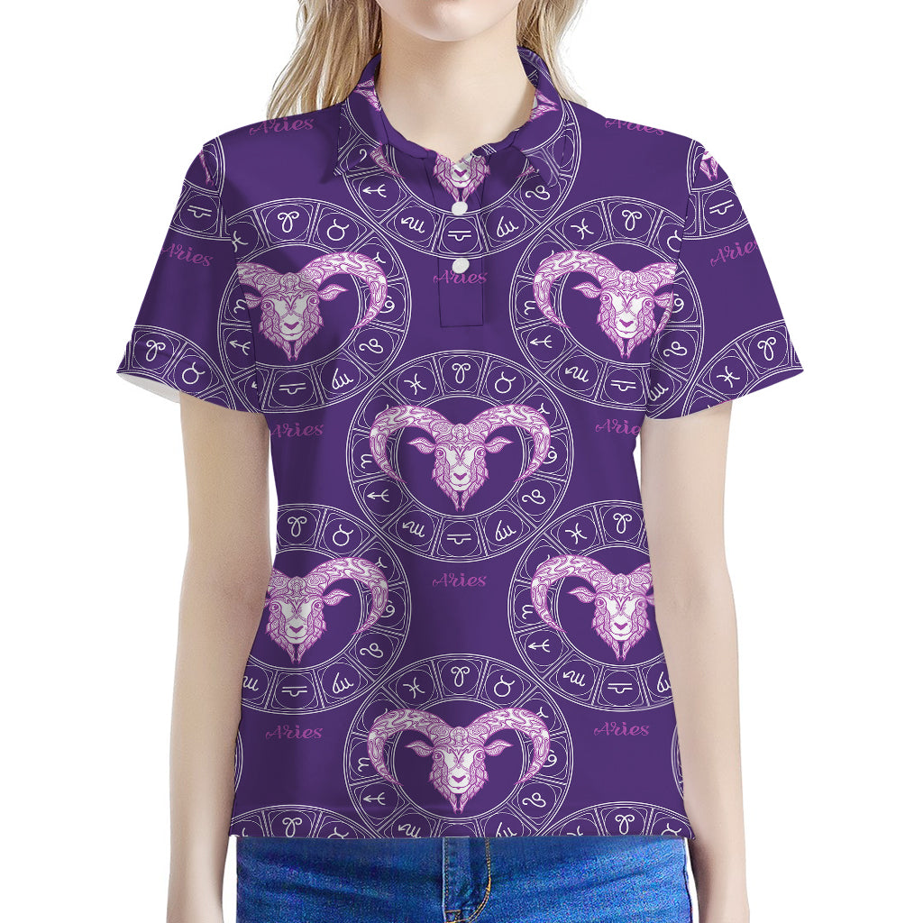 Purple Aries Zodiac Pattern Print Women's Polo Shirt