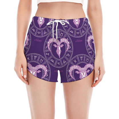 Purple Aries Zodiac Pattern Print Women's Split Running Shorts