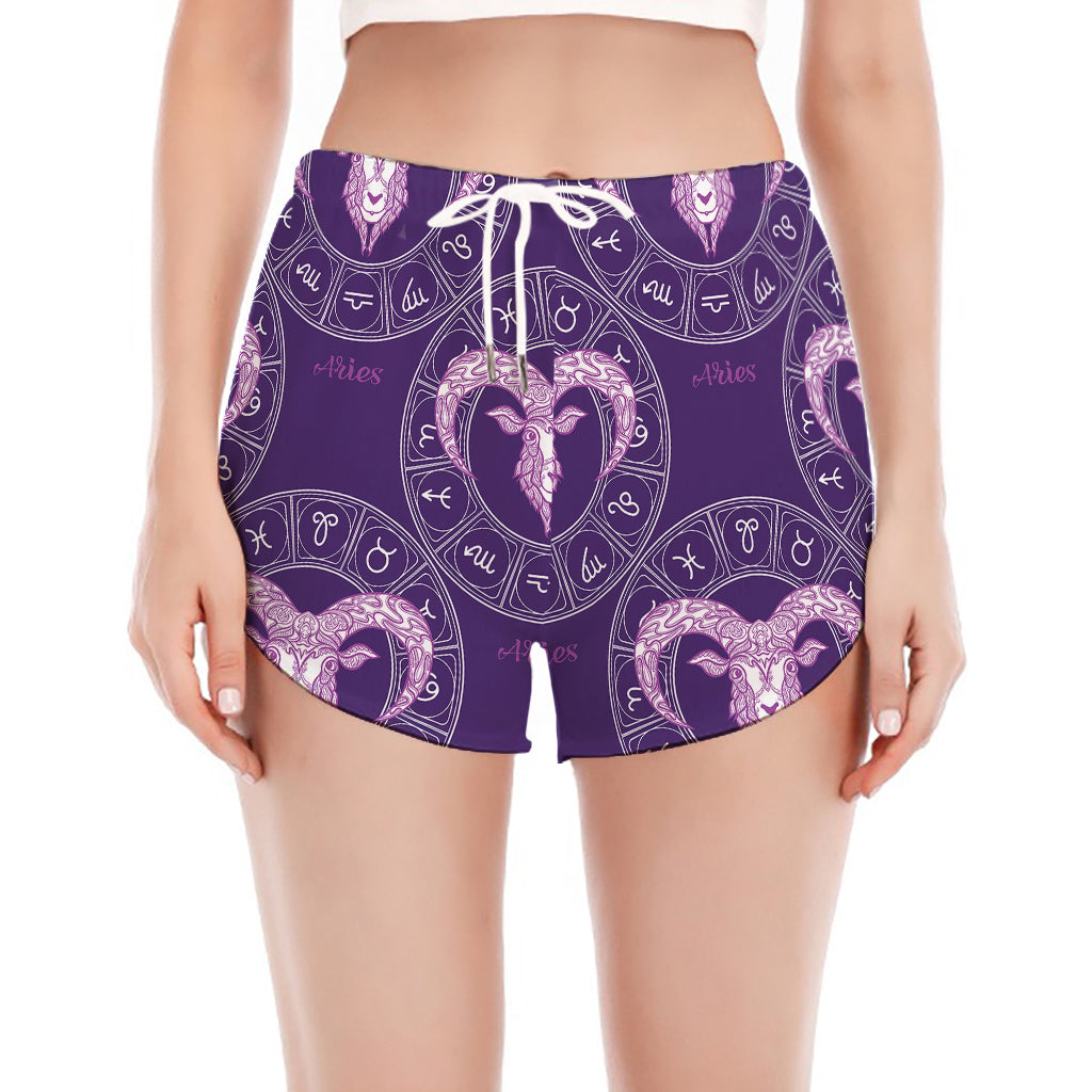 Purple Aries Zodiac Pattern Print Women's Split Running Shorts