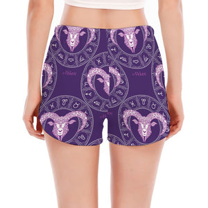 Purple Aries Zodiac Pattern Print Women's Split Running Shorts