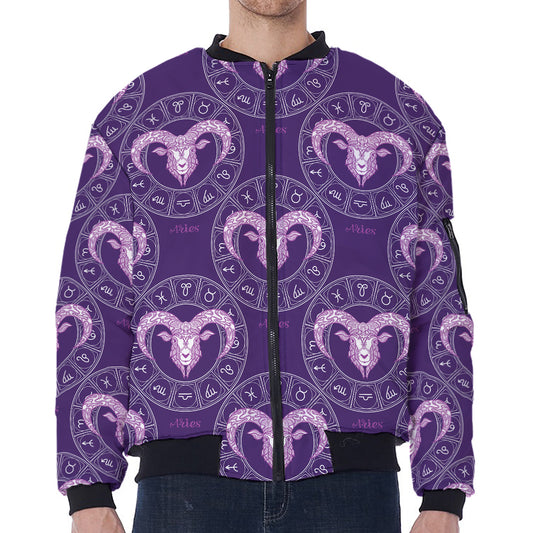 Purple Aries Zodiac Pattern Print Zip Sleeve Bomber Jacket