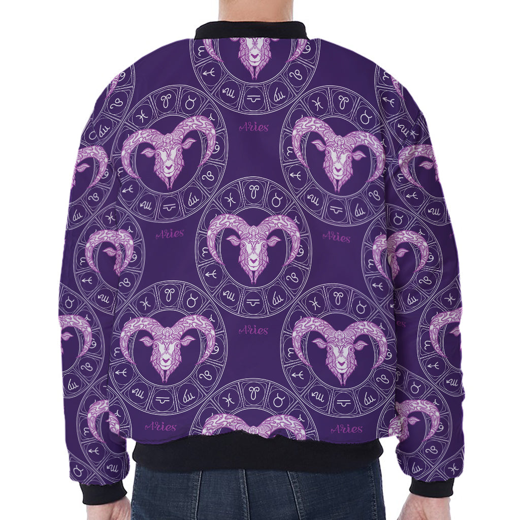 Purple Aries Zodiac Pattern Print Zip Sleeve Bomber Jacket