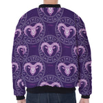 Purple Aries Zodiac Pattern Print Zip Sleeve Bomber Jacket
