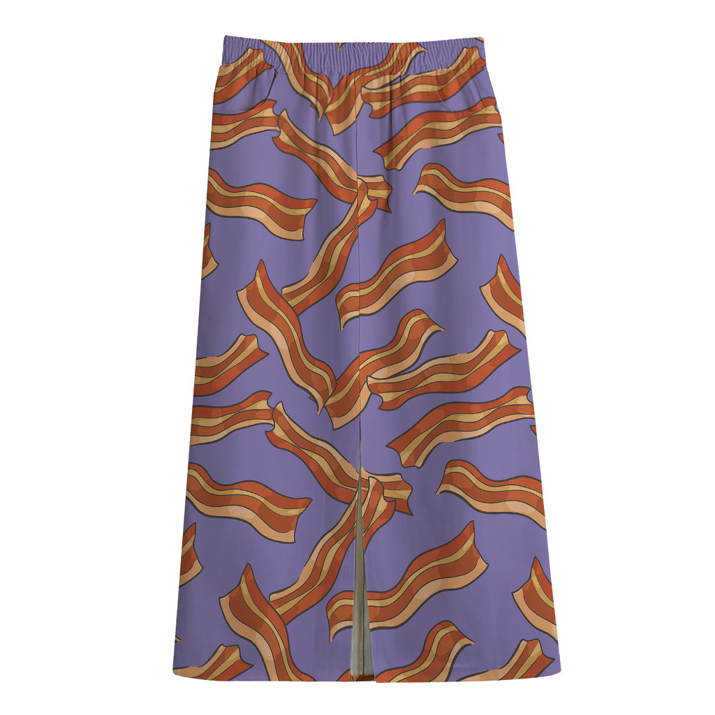 Purple Bacon Pattern Print Cotton Front Slit Maxi Skirt