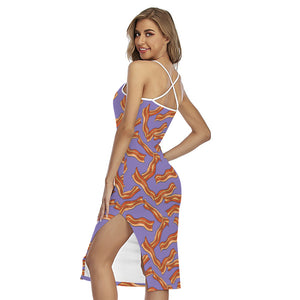 Purple Bacon Pattern Print Cross Back Cami Dress