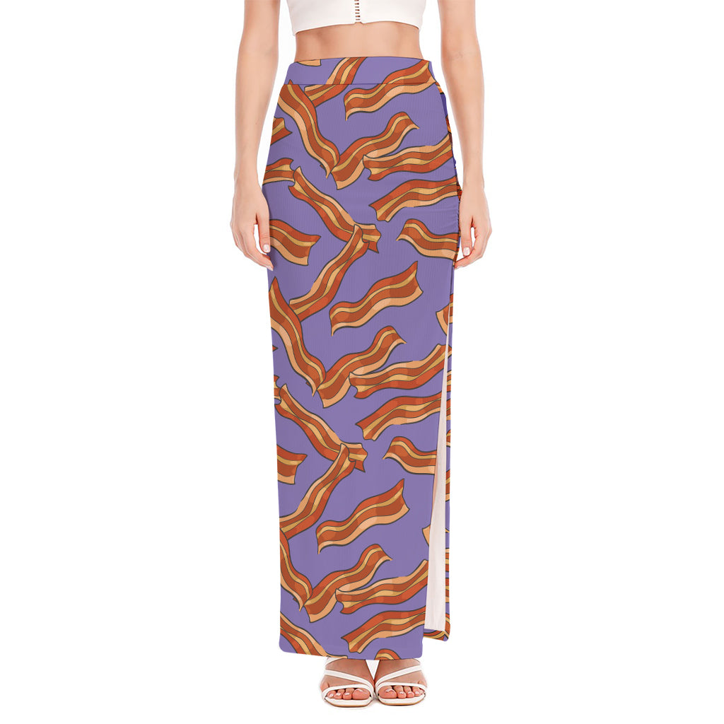 Purple Bacon Pattern Print High Slit Maxi Skirt