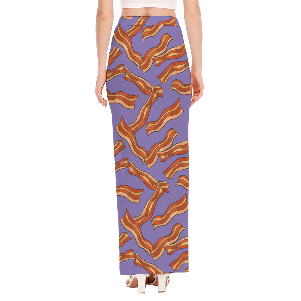 Purple Bacon Pattern Print High Slit Maxi Skirt