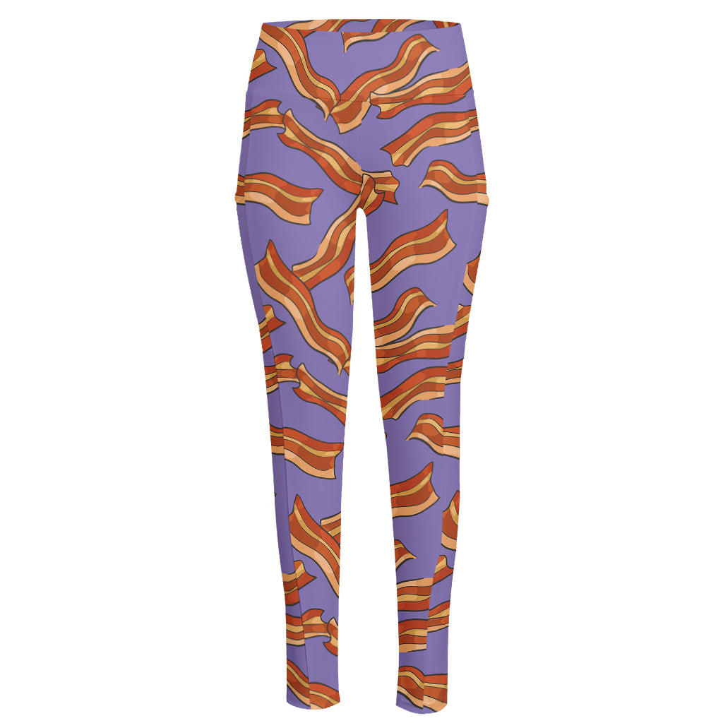 Purple Bacon Pattern Print High-Waisted Pocket Leggings